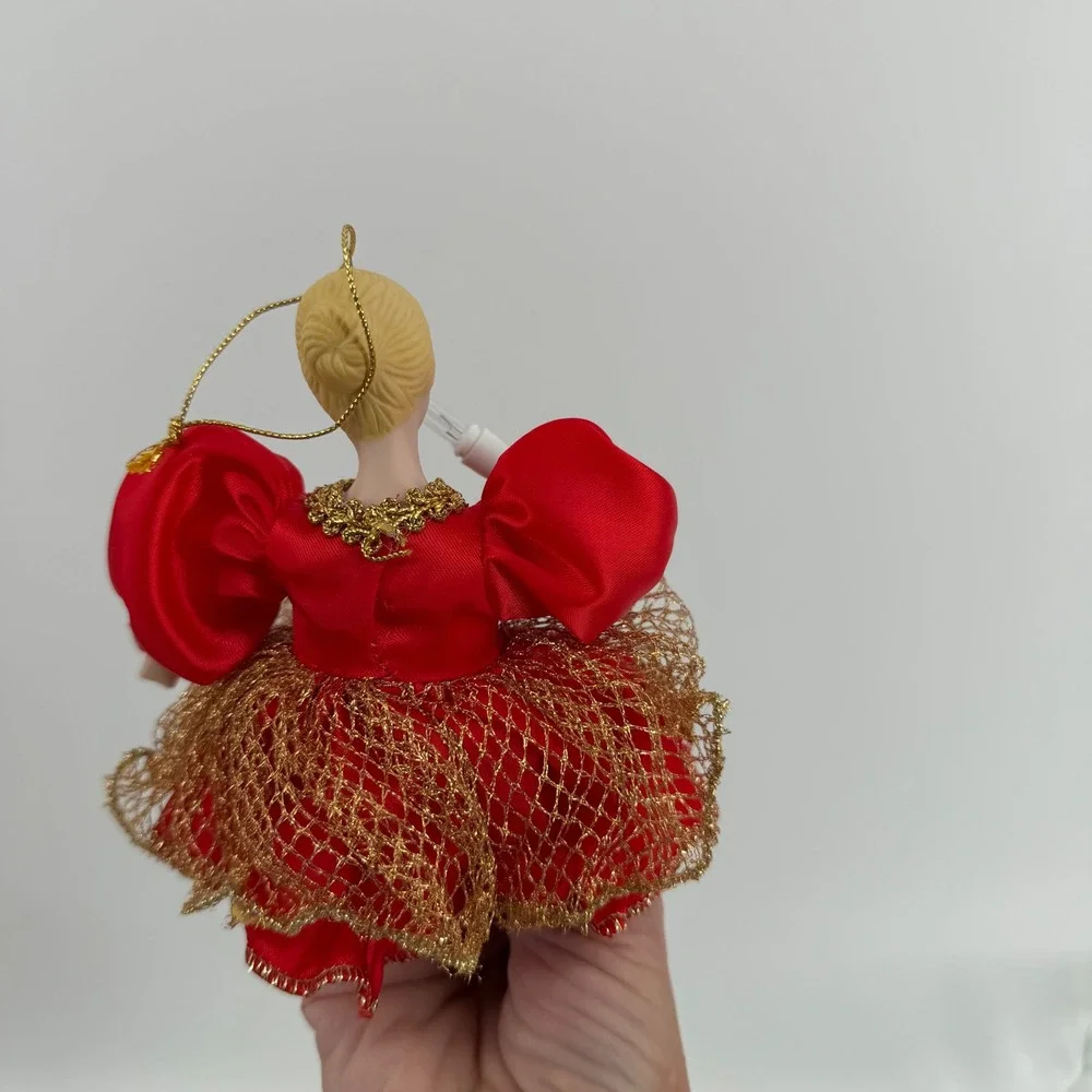 Vintage Ballerina Doll Christmas Ornament Red Gown Gold Trim Holding‎ Light